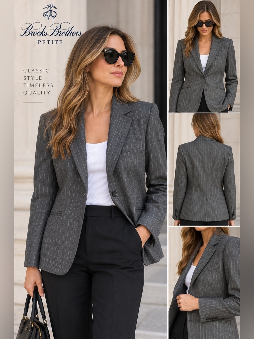 Brooks Brothers Petite 10P Gray Pinstripe 100% Wool Blazer Jacket